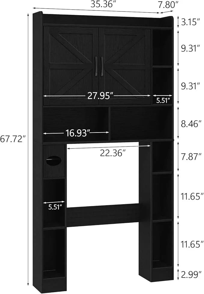 Vabches Over The Toilet Cabinet, Double Doors Bathroom Shelf Organizer with Toilet Paper Holder Stand and Open Storage Shelf, Small Freestanding Space Saver for Restroom, Bathroom, Laundry, Black - ModernBath