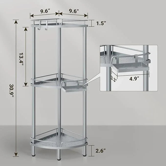 ELYKEN Corner Shower Caddy Standing, 3 Tier Rustproof Metal Shower Organizer with Soap Holder, Floor Shower Corner Shelf Rack Storage Stands with Adjustable Feet & 2 Hooks for Bathroom, Silver - ModernBath