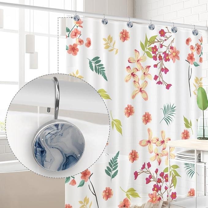 12 Packs Grey Marble Shower Curtain Hooks, Stainless Steel Glass Shower Curtain Rings for Bathroom, Rustproof Metal Curtain Rod Hooks - ModernBath