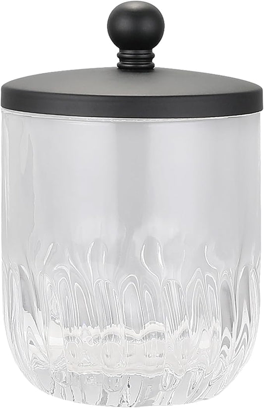 Indecor Home Glass Jar with Metal Lid for Bathroom Organization, Clear Apothecary Jar for Cotton Balls, Q Tips, and Small Accessories, Stylish Bathroom Storage Container Black