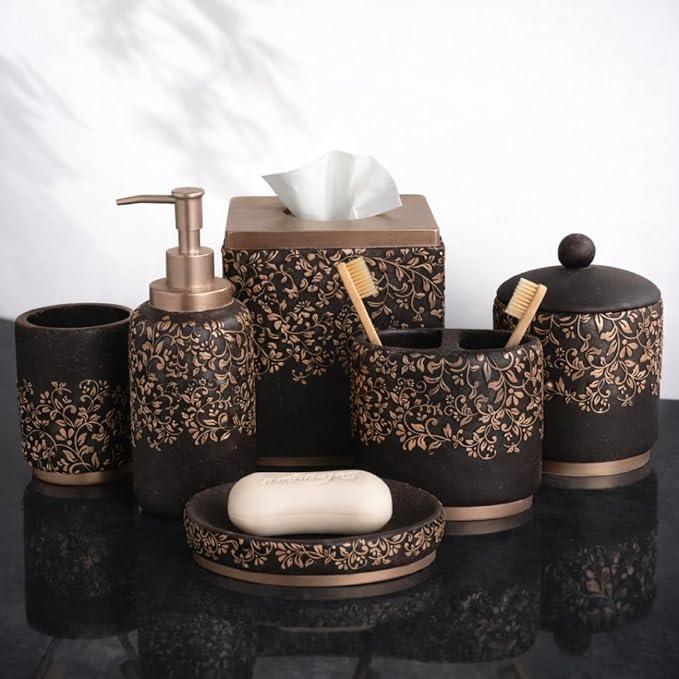 Decozen Bathroom Accessories Set 6Pcs – Soap Dispenser, Toothbrush Holder, Tumbler, Soap Dish & Cotton Swab Jar – Modern Bathroom Decor, Bath Set for Christmas Decor, Stella - ModernBath