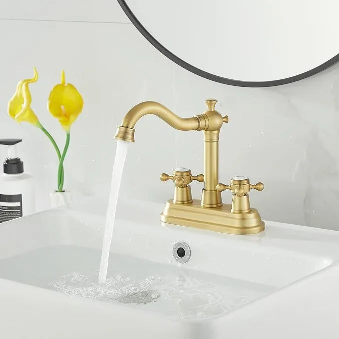 GGStudy Bathroom Faucet Antique Brass 2 Handles 4 Inches Centerset Bathroom Vanity with Drain Assembly and Supply Hose Lavatory Faucet - ModernBath