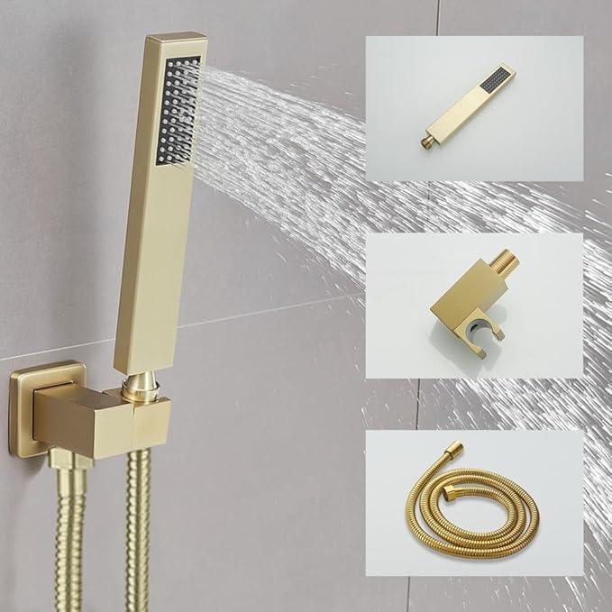 JingGang Brushed Gold Shower System 8 Inch Bathroom Luxury Rain Mixer Shower Combo Set Wall Mounted Rainfall Shower Head and Handheld System Shower Faucet Set Rough-in Valve Body and Trim Kit - ModernBath