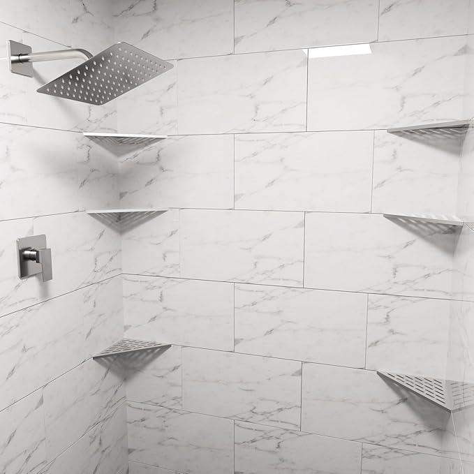POPFLY 10" Silver Stainless Steel Corner Shower Shelf 2PCS, 304 SS Recessed Bathroom Shelves for Tile Walls, No Drilling Needed, Floating Shower Caddy with Drainage Slots, PF7501L - ModernBath