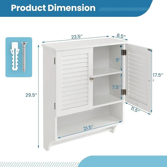 Giantex Wall Mounted Medicine Cabinet with 2 Louvered Doors, 3-Position Adjustable Shelf, Towel Bar, Above Toilet Space Saver (White) - ModernBath