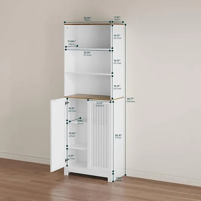 Bathroom Storage Cabinet - 66.8" Freestanding Tall Cabinet with Slatted Doors and Open Shelves, Adjustable Shelves, White Bathroom Organizer for Small Spaces, Bathroom Linen Tower with Closed Storage - ModernBath