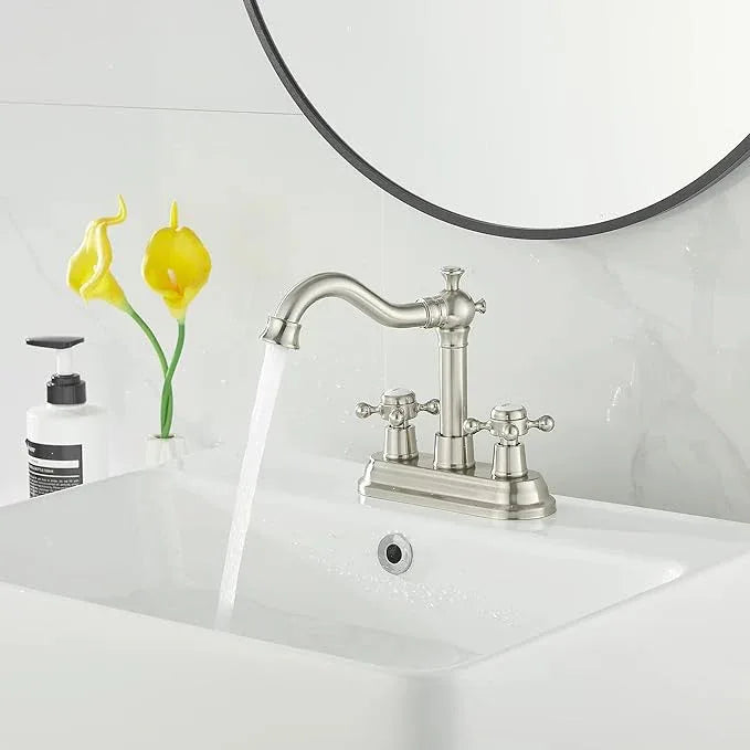 GGStudy Bathroom Faucet Brushed Nickel 2 Handles 4 Inches Centerset RV Vanity With Drain Assembly and Supply Hose - ModernBath