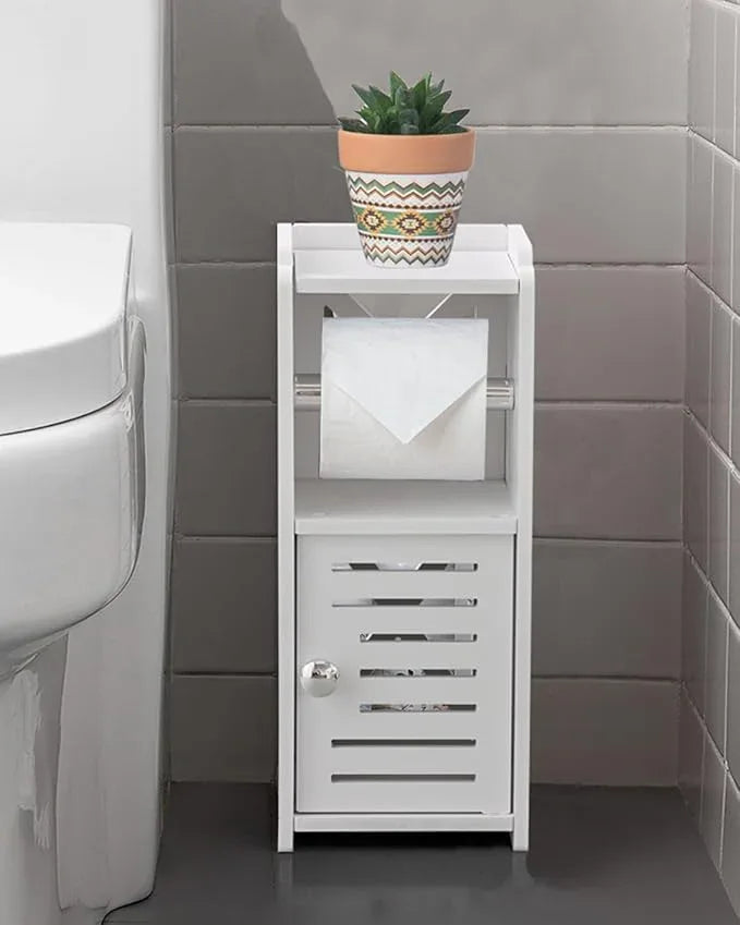 AOJEZOR Toilet Paper Holder Stand: Free Standing PVC Bathroom Cabinet - Small Bathroom Storage for Apartment Dwellers - White - ModernBath