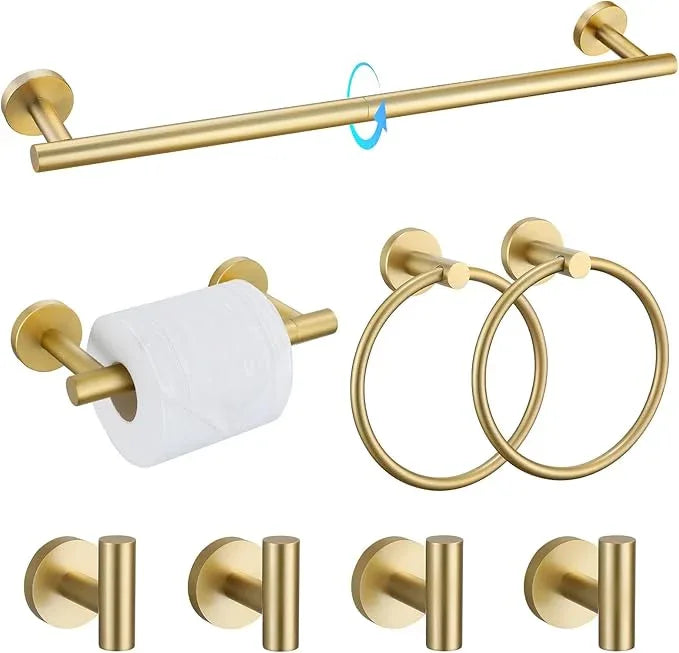 TQKAG 8-Pieces Bathroom Hardware Set Brushed Gold SUS304 Stainless Steel Bath Towel Bar Set 23.6 Inch Round Bathroom Accessories Kit Wall Mounted - ModernBath