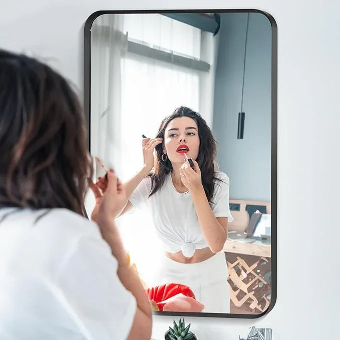Minuover Wall Mount Mirror for Bathroom, Brush Black Metal Framed Rounded Corner Rectangular Vanity Mirror (16" x 20", Black) - ModernBath