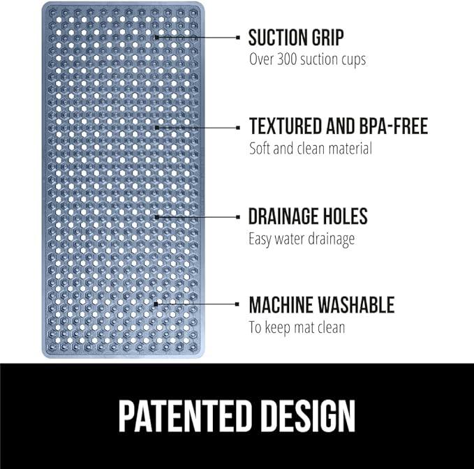 GORILLA GRIP Patented Bath Tub Shower Mat, Machine Washable Bathtub Floor Liner Mats, Suction Cups and Drain Holes to Keep Tubs Clean, Soft on Feet, Bathroom Essentials, 35x16 Inch, Clear Navy - ModernBath