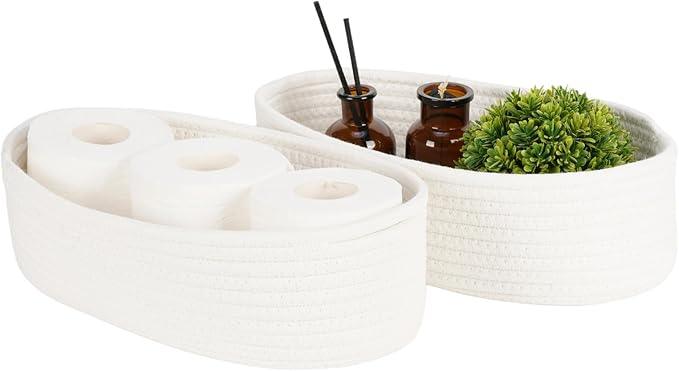 Temary Bathroom Organizer Bin, Toilet Paper Rope Baskets with Handles, Set of 2 Small Foldable Storage Bin for Toilet Tank Top Boho, Narrow Rectangle Baskets for Organizing (White, 13x5.9x3.9) - ModernBath
