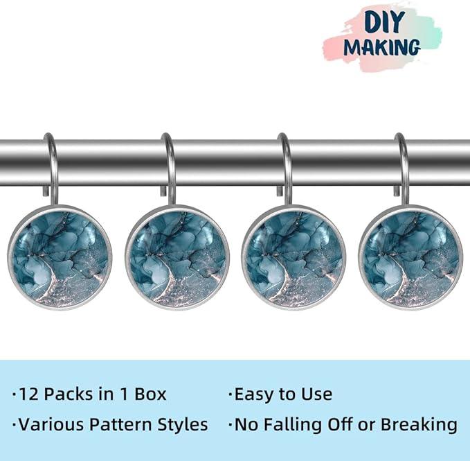 12 Pcs Decorative Shower Curtain Hooks, Rust Proof Glass Surface Stainless Steel Rings for Bathroom Bedroom Kitchen Home Bath Room Rods Decor (Dark Blue Shiny Texture) - ModernBath