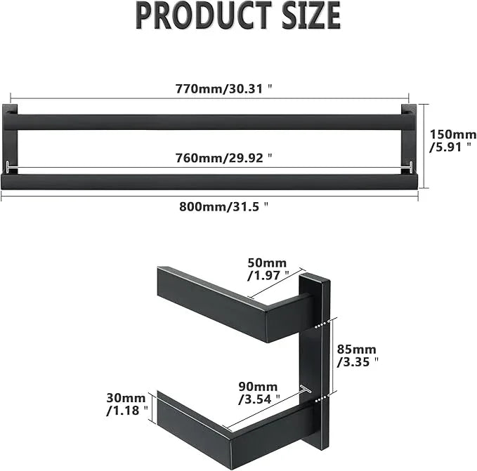 Alise 32 Inch Double Towel Bars for Bathroom Wall Mount,Black Towel Holder Double Towel Racks for Bathroom Lavatory,SUS304 Stainless Steel Square Towel Rail Towel Hanger for Walls - ModernBath
