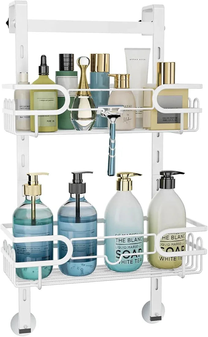 Consumest Over The Door Shower Caddy - 2 Tier Adjustable Hanging Shower Organizer Shelf with 12 Hooks, Rustproof Easy Installation Hanging Storage Rack for Bathroom, White - ModernBath