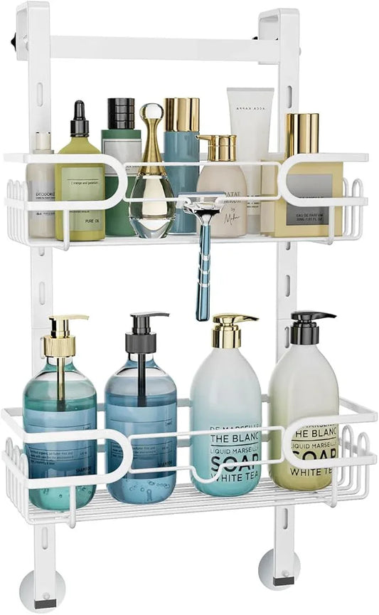 Consumest Over The Door Shower Caddy - 2 Tier Adjustable Hanging Shower Organizer Shelf with 12 Hooks, Rustproof Easy Installation Hanging Storage Rack for Bathroom, White - ModernBath