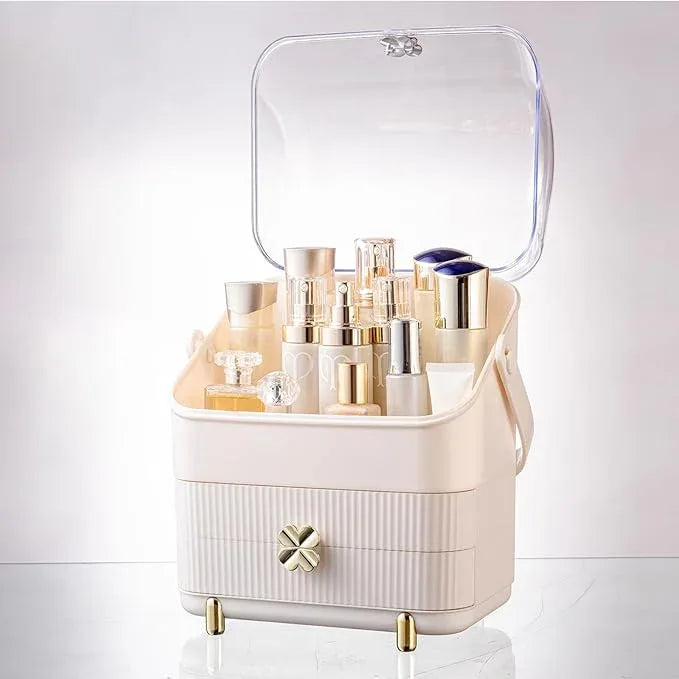 Preppy Skincare Organizers Makeup Organizer Holder Cosmetic Storage Box Display Case 3 Tiers Dust Free Cover Portable Handle 2 Rroomy Drawers Gift Great For Bathroom Countertop Dresser Ivory White - ModernBath