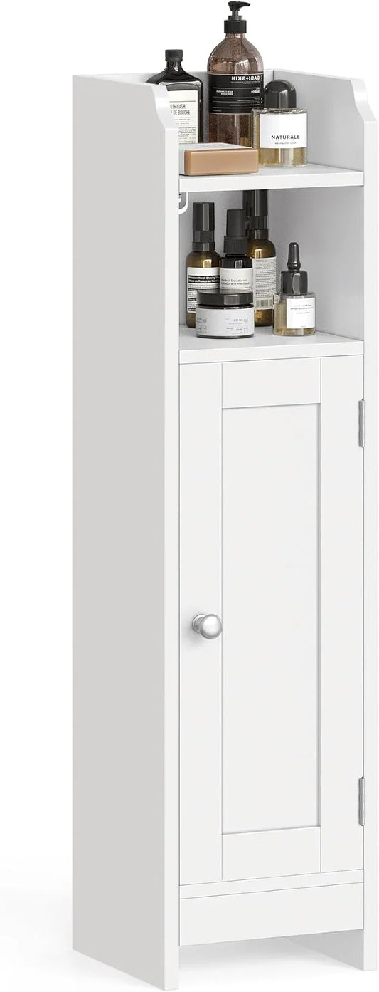 VASAGLE Small Storage Corner Floor Cabinet with Door, 7.9 x 7.1 x 31.5 Inches, Narrow Toilet Paper Storage Holder, Adjustable Shelves, for Bathroom, Living Room, Small Spaces, Cloud White UBBC310W01 - ModernBath