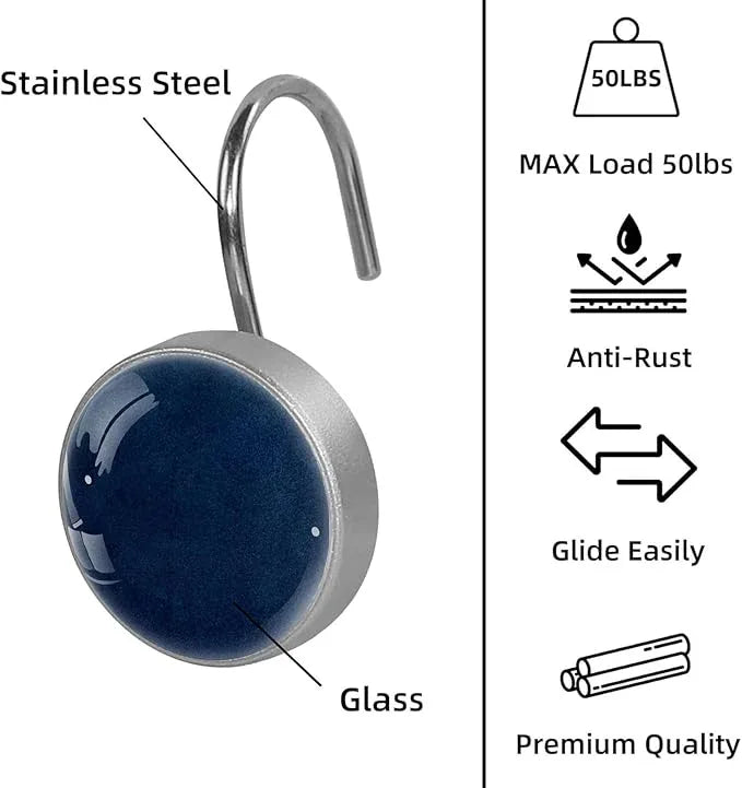 Navy Blue Shower Curtain Hooks Set of 12 Rustproof Metal Decorative Shower Hooks for Curtains Rods Solid Color Shower Curtain Rings for Bathroom Living Room Bedroom - ModernBath