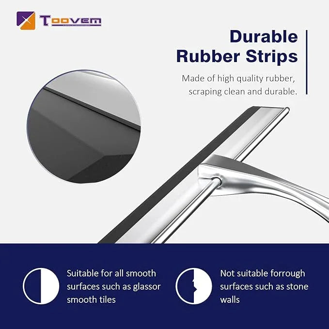 TOOVEM 14 Inch Shower Squeegee for Glass Doors, Window, Bathroom, Car Windshield, Shower Cleaning Tools with S Hook, Square Sticky Hook (Silver) - ModernBath