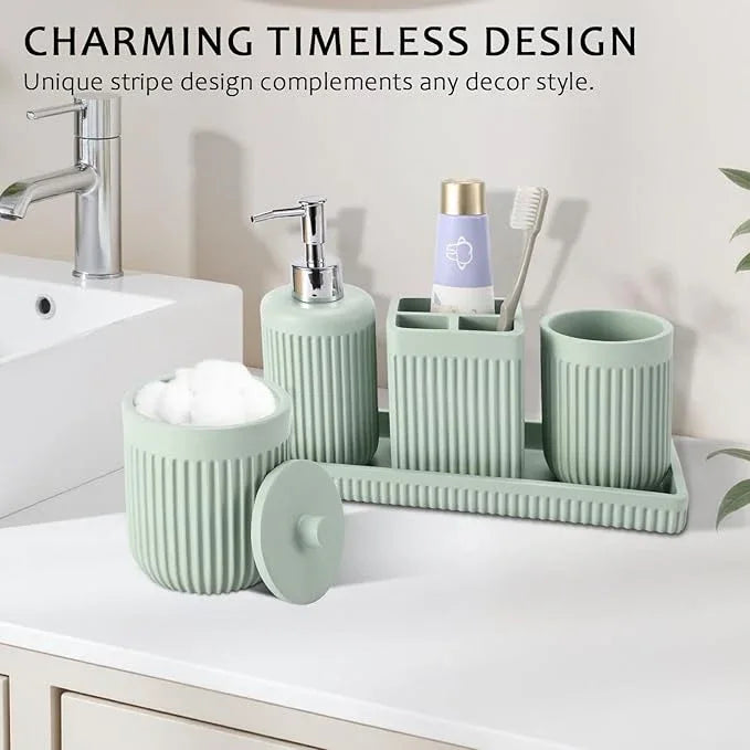 XLHOMO 8-Piece Light Green Bathroom Set - Resin Bathroom Accessories Sets Complete with Shower Curtain and Rugs, Soap Dispenser, Toothbrush Holder, Tumbler & Vanity Organizer - ModernBath