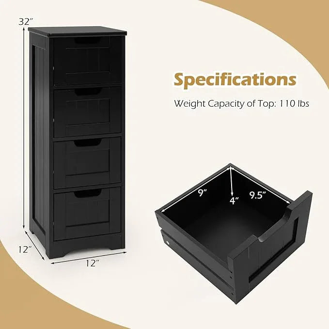 LOKO Floor Storage Cabinet with 4 Drawers, Bathroom Cabinet with Anti-toppling Device, Multifunctional Floor Cabinet for Bathroom, Living Room, Kitchen, 12 x 12 x 32 inches (Black) - ModernBath