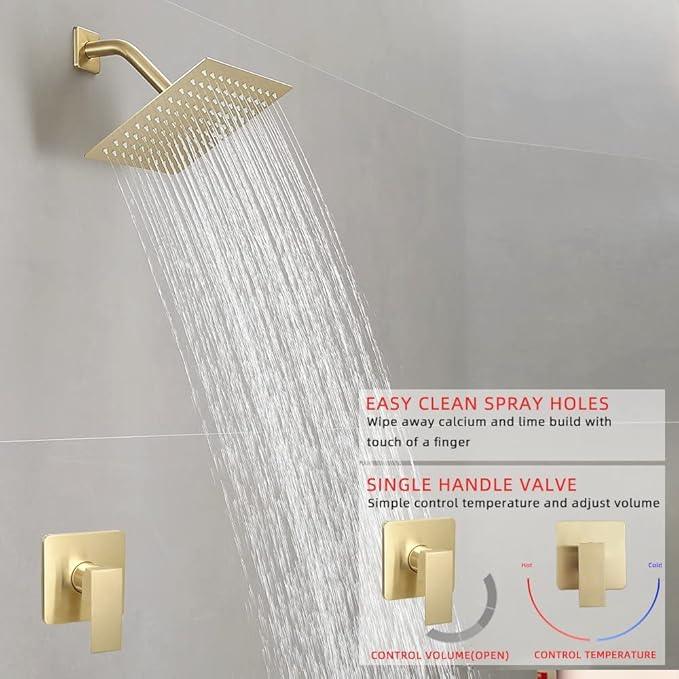 Heable Shower Faucet Set Brushed Gold, Bathroom Rainfall Shower System with Stainless Steel Rain Shower Head, Single Function Shower Trim Kit with Rough-in Valve - ModernBath