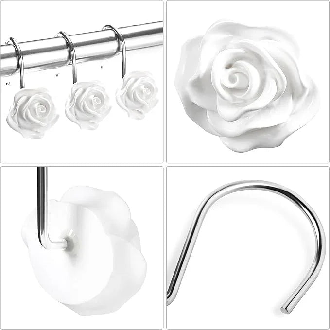 Litabel Rose Flower Shower Curtain Hooks 12PCS,Home Decorative White Rose Shower Curtain Hooks Metal Rustproof Cute Rose Flower Shower Hooks Rings Bathroom Shower Rods Decoration Accessories - ModernBath