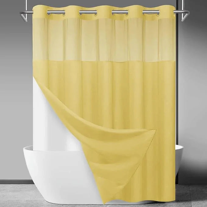 SORTTO No Hook Slub Textured Shower Curtain with Snap in Liner - Yellow Fabric Outer Curtain & Waterproof Inner Liner, Hotel Style with See Through Top Window, 71x74 in - ModernBath