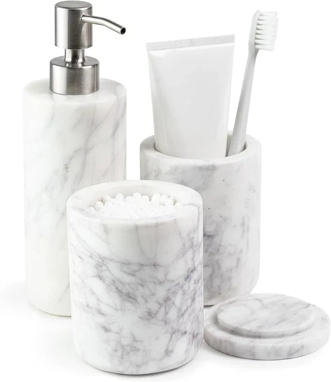 Cork & Mill Marble Bathroom Accessories Set, Complete 3 Piece Set with Soap Dispenser, Toothbrush Holder & Canister with Lid for Qtips, White Marble Bath Countertop Vanity Decor Organizer - ModernBath