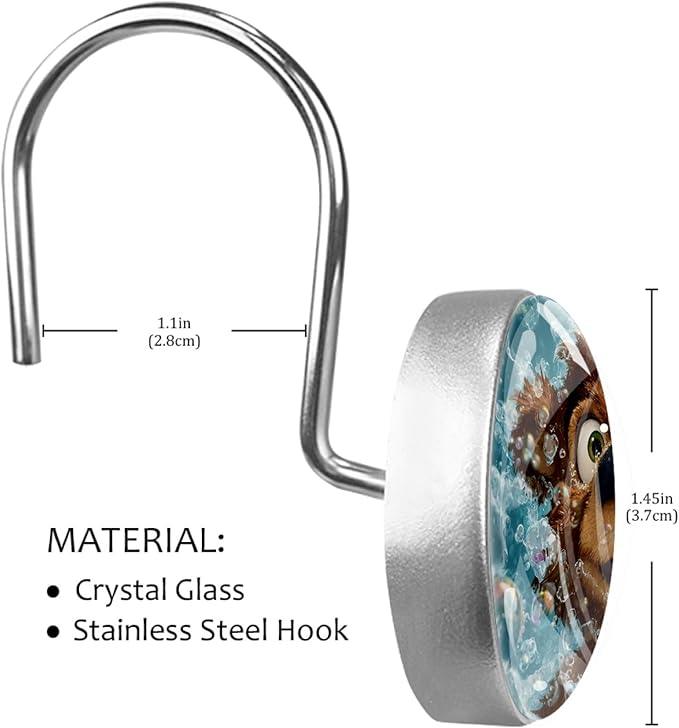 Cartoon Brown Bear and Bubbles Shower Curtain Hooks 12Pcs, Decorative Rust Resistant Shower Rings for Shower Curtain Rods, Stainless Steel Round Curtain Hooks for Bathroom, Bedroom, Farmhouse - ModernBath