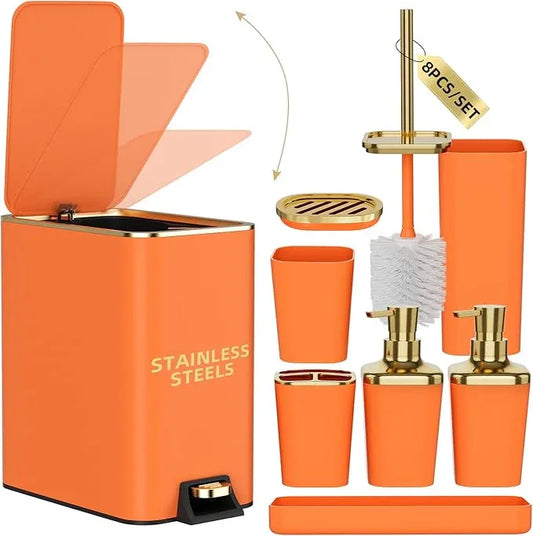 XLHOMO Bathroom Accessories 8 Piece Orange and Gold Bathroom Set, Bath Accessories with Stainless Steel Trash Can,Toilet Brush,Toothbrush Set,Soap Dispenser - ModernBath