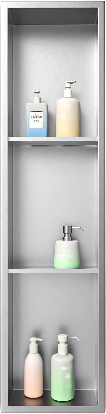 Stainless Steel Shower Niche 8"×36" with 3-Tier Shelves Brushed No Tiled Needed Niche Shower for Bathroom Wall Recessed Shower Shelf for Storage - ModernBath
