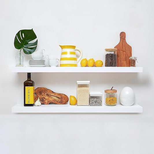 Homeforia White Floating Shelves 42 inch, High End Solid Real Wood 42inch Floating Shelf for Wall Mounted, White Wooden 42in Long Floating Shelves, Heavy Duty Bracket, 42 X 6.5 X 1.75 inches, Set of 2 - ModernBath