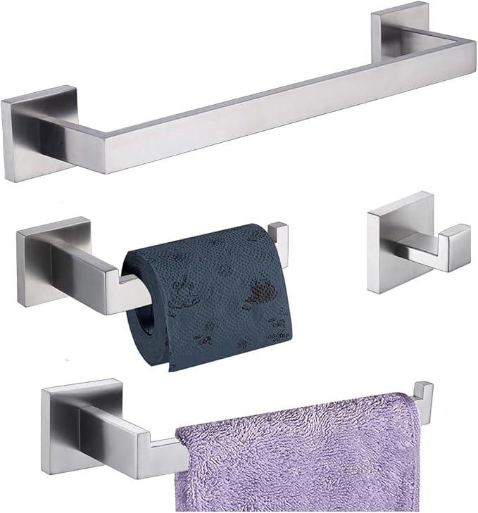 Bathroom Hardware Set 4 Piece Brushed Nickel Bathroom Accessories Set SUS304 Towel Bar Set Includes Towel Bar 16 Inch+Towel Holder+Toilet Paper Holder+Towel Hook (4, Brush Nickel) - ModernBath