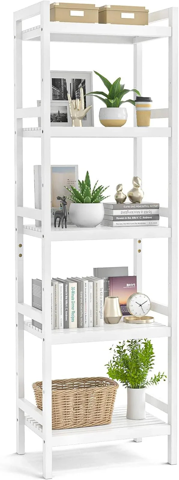 Homykic Bamboo Bookshelf, 5-Tier Narrow 55.9” Adjustable Book Shelf Bookcase Bathroom Shelves Freestanding Storage Stand for Living Room, Bedroom, Kitchen, Rust Resistance, Easy Assembly, White - ModernBath