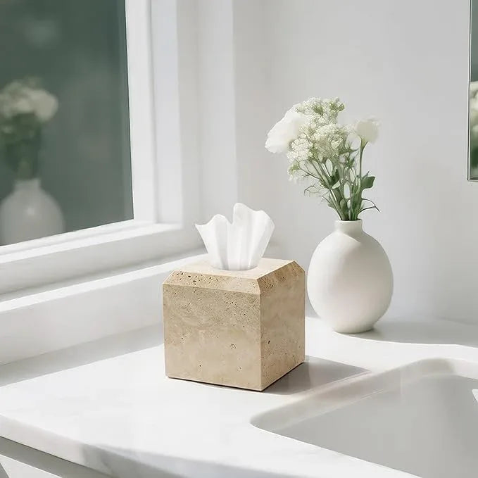 WORHE Tissue Box Cover Italy Natural Travertine Stone Heavy Duty Square Facial Toilet Paper Holder for Bathroom Living Room Bedroom Dresser Kitchen Minimalistic Office Home Decor Beige (TBC145WT) - ModernBath