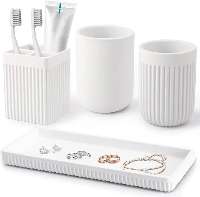 XLHOMO Resin Bathroom Toothbrush Holder Set, Matte White Bathroom Accessories Set 4 Pcs, Bathroom Tumbler Cup Tooth Brushing Cup Set with Tray, for Sink Countertop Modern Home Decor - ModernBath