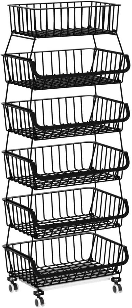 Metal Wire Baskets with Wheels, Stackable Storage Bins Kitchen Organizer Shelf 3-4-5-6 Tier Fruit Vegetable Cart Dishes Seasonal Rack Shelves for Garage, Pantry, Bathroom - ModernBath