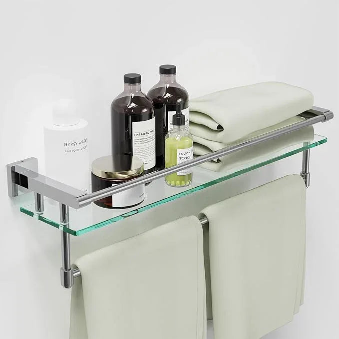 24 Inches Floating Glass Shelves for Wall with Towel Bar/Track, SUS 304 Stainless Steel Railing Tempered Glass Shelf, for Toilet, Room Decor Modern (Chrome Polished, 24-inch) - ModernBath