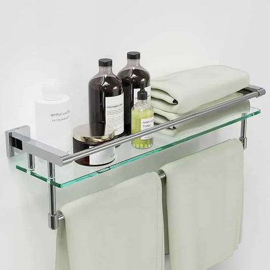 24 Inches Floating Glass Shelves for Wall with Towel Bar/Track, SUS 304 Stainless Steel Railing Tempered Glass Shelf, for Toilet, Room Decor Modern (Chrome Polished, 24-inch) - ModernBath