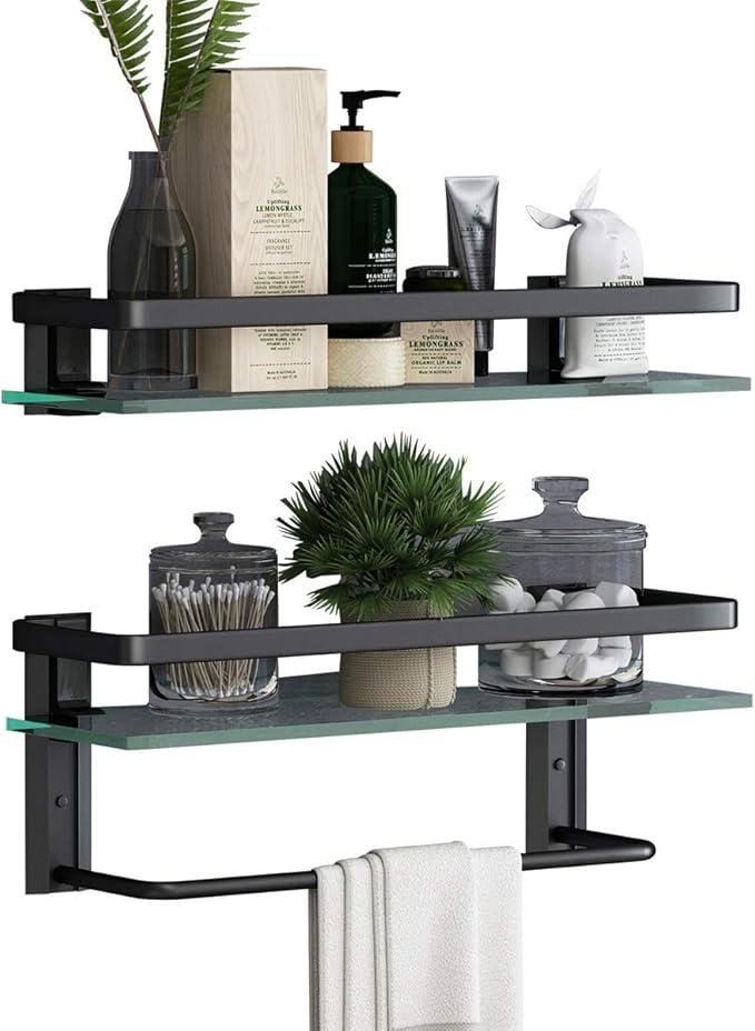 VOLPONE Glass Bathroom Shelf with Towel Bar 15.7in Bathroom Wall Shelves Rustproof Metal Bathroom Wall Organizer 2-Tier (Black) - ModernBath