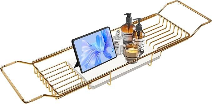 BVL Bathtub Tray Stainless Steel with Marble Base Gold Bathtub Tray with White Marble Base Adjustable & Rustproof Bath Caddy for Spa, Relaxation, Bath Bombs - ModernBath
