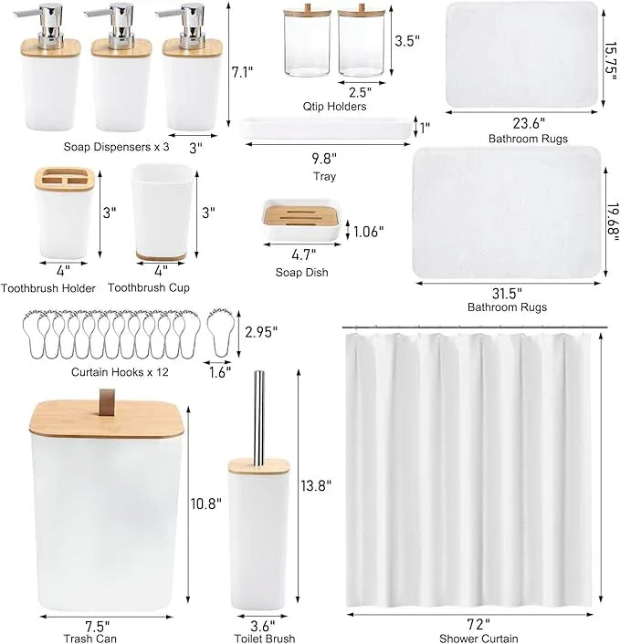 XLHOMO Bathroom Sets with Shower Curtain and Rugs, 27PCS White Bathroom Accessories Set with Trash Can, White Shower Curtain Set, No Slip Super Absorbent Bathroom Rugs - ModernBath