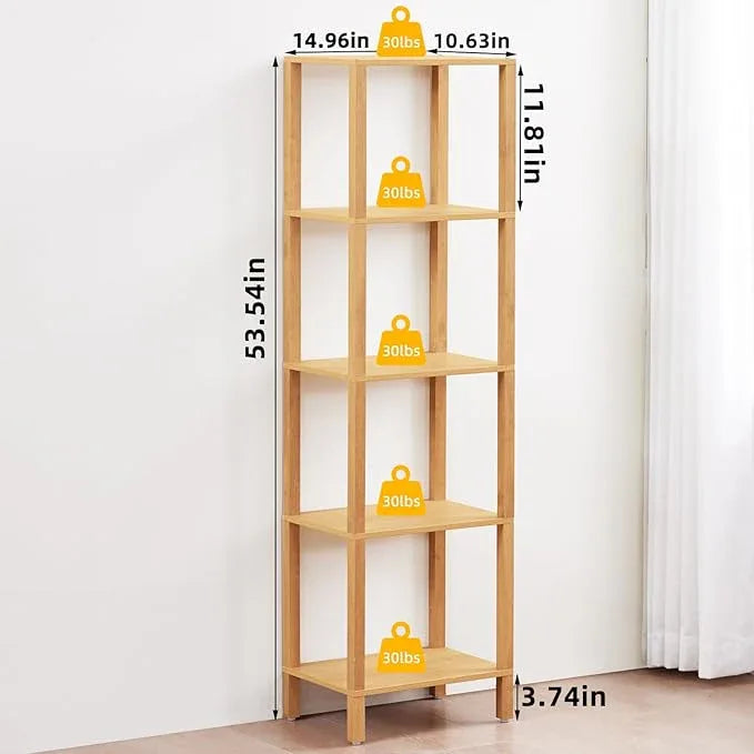 54in Tall Bookshelf 5-Tier Small Narrow Bookcase, Skinny Book Shelf for Small Space, Farmhouse Slim Shelf with Storage, Wood Freestanding Display Thin Bookshelves for Living Room, Natural - ModernBath