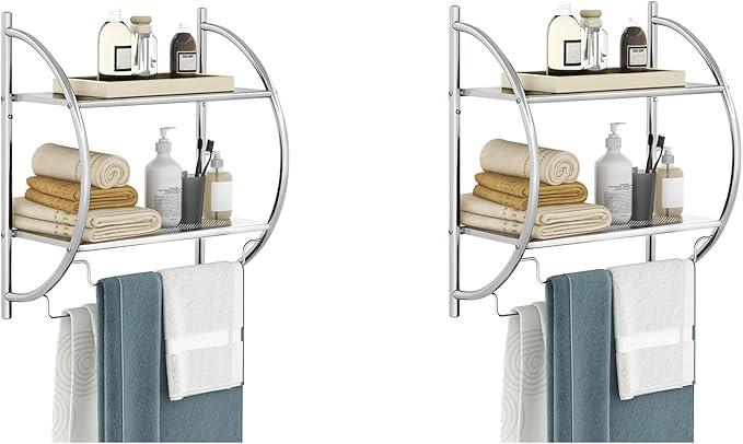 GOFLAME Wall Mounted Bathroom Shelf Set of 2, 2-Tier Chrome Towel Rack with Leaky Design Shelves, Towel Bars, Chrome Bathroom Shelf for Living Room Kitchen Bathroom, Silver - ModernBath