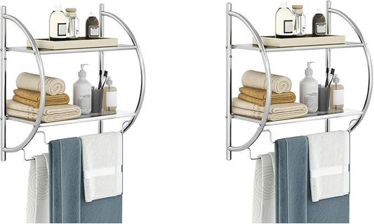 GOFLAME Wall Mounted Bathroom Shelf Set of 2, 2-Tier Chrome Towel Rack with Leaky Design Shelves, Towel Bars, Chrome Bathroom Shelf for Living Room Kitchen Bathroom, Silver - ModernBath