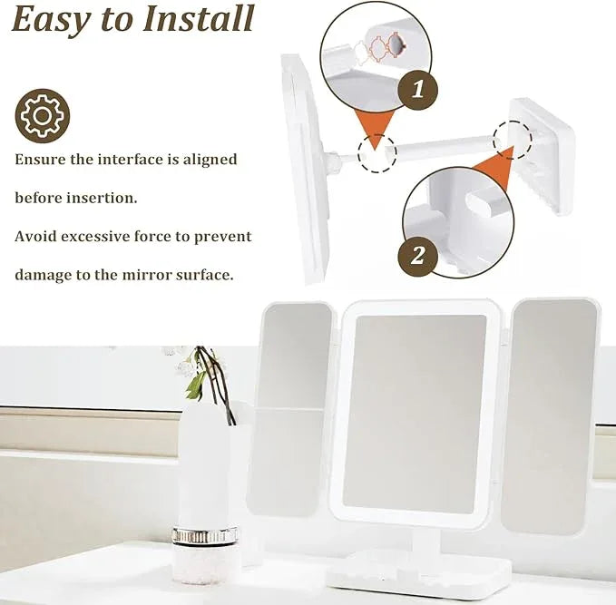 DailyCuddles Makeup Mirror Vanity Mirror with Lights, 3 Color Lighting Modes, 1X/2X/3X Magnification, Tri-fold, 360° Rotation, Phone Holder for Makeup, 2000mAh Rechargeable, Bedroom, Bathroom, (White) - ModernBath