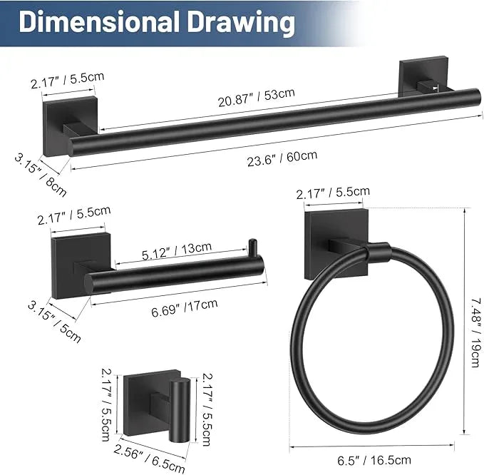 TURS Matte Black 5-Pieces Bathroom Hardware Set SUS304 Stainless Steel Towel Bar Set Wall Mounted 23.6 Inch Towel Racks for Bathroom Square Towel Holder Set - ModernBath