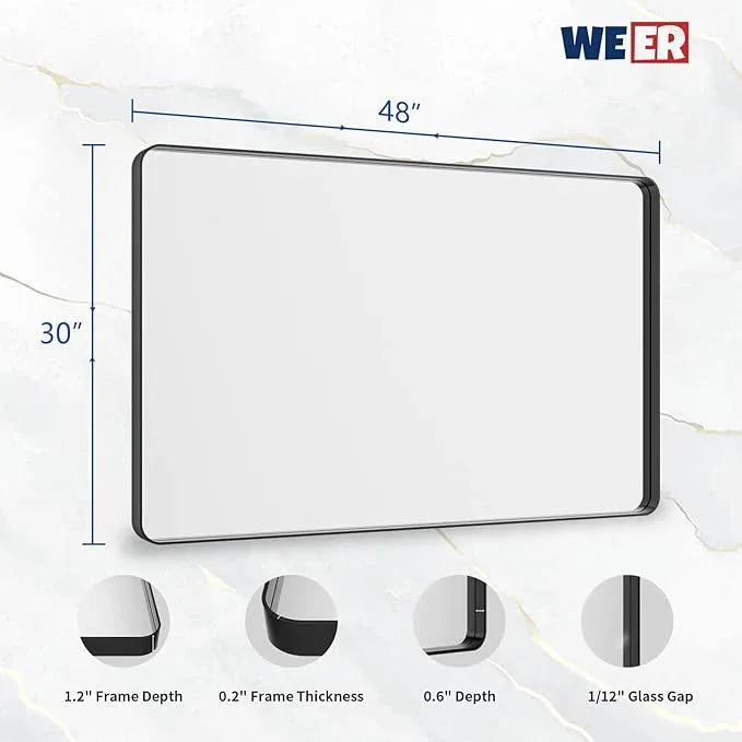 WEER 48X30 Inch Black Metal Framed Bathroom Mirror, Matte Black Bathroom Vanity Mirror, Rectangular Black Wall Mirror for Bathroom, Tempered Glass, Rounded Corner, Hangs Horizontal or Vertical - ModernBath